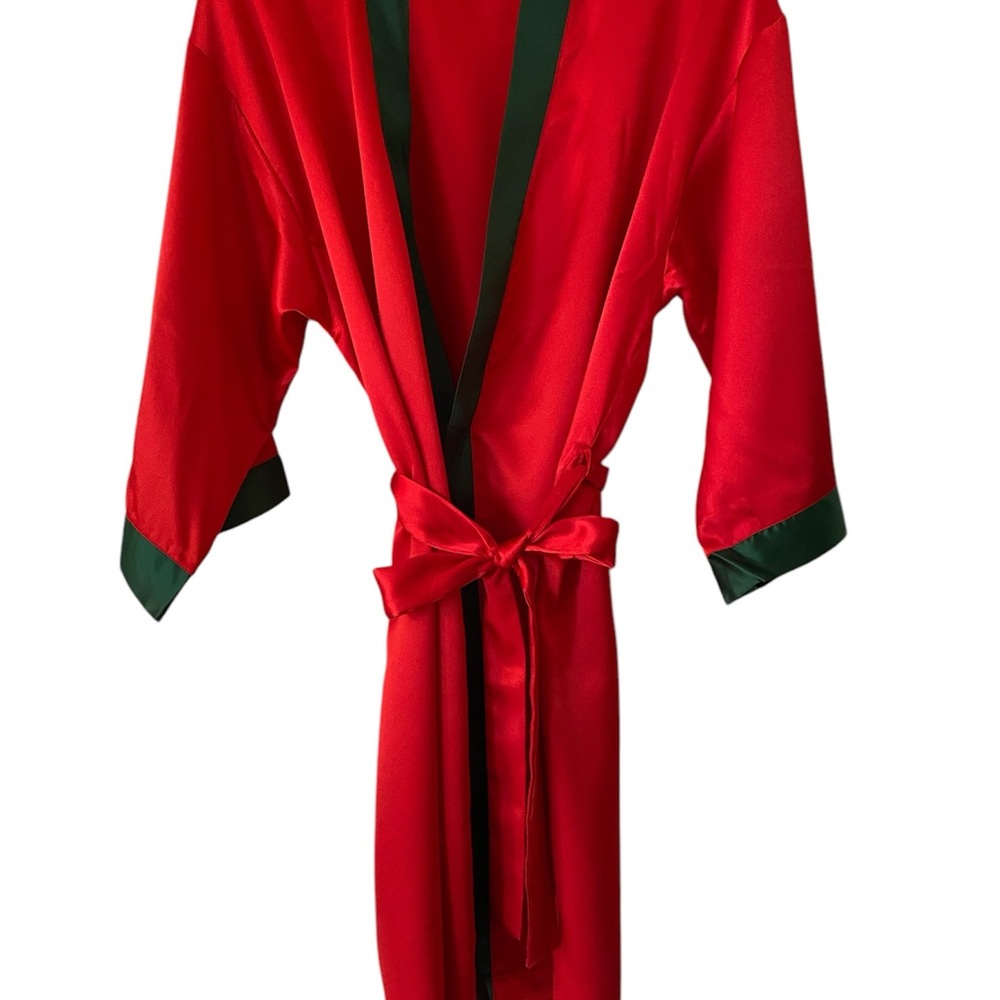 Victoria's Secret Red Satin Robe with Green Trim
